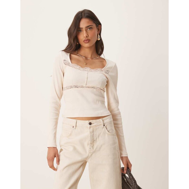 ASOS DESIGN ribbed long sleeve top with lace and button detail in 105554405