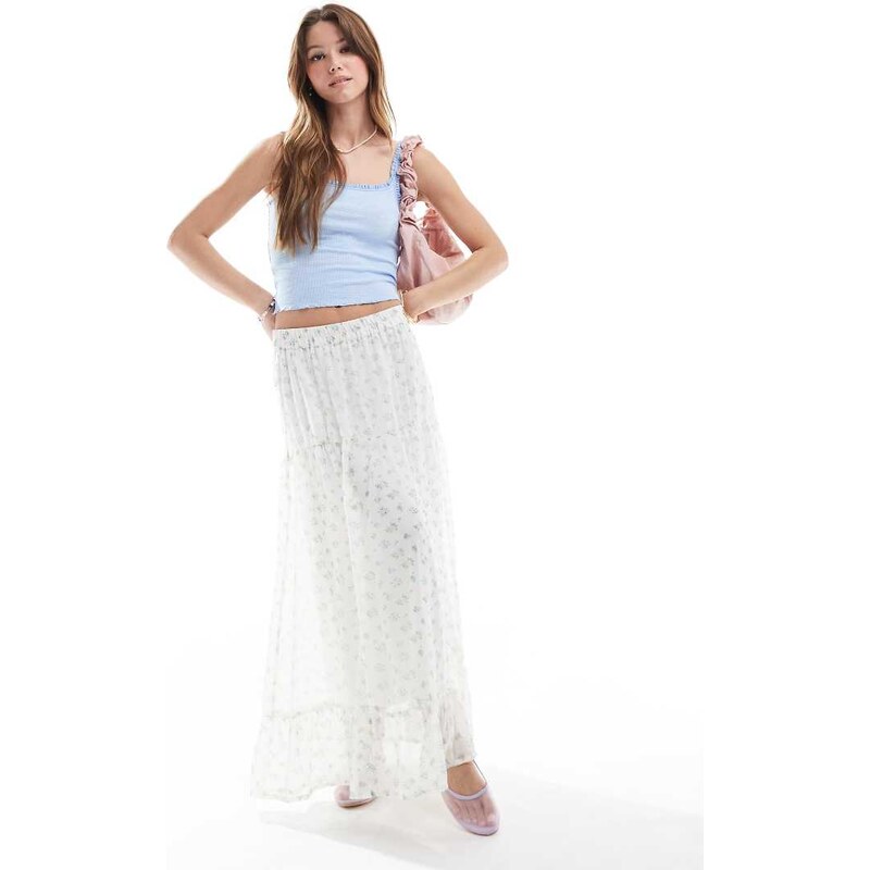 Vero Moda Smilla tiered midi skirt in blue ditsy floral-White 105554431