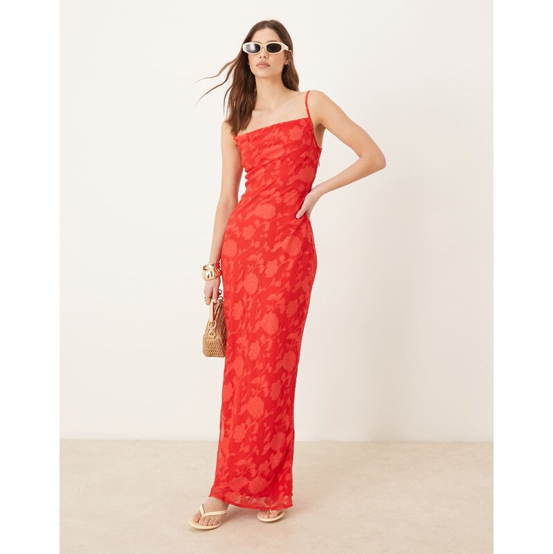 Pretty Lavish cowl neck jacquard slip maxi dress in red 113537212
