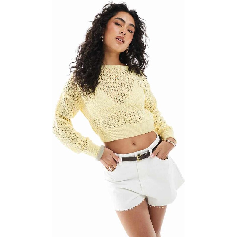 Miss Selfridge slash neck crochet long sleeve top in lemon-Yellow 105572505