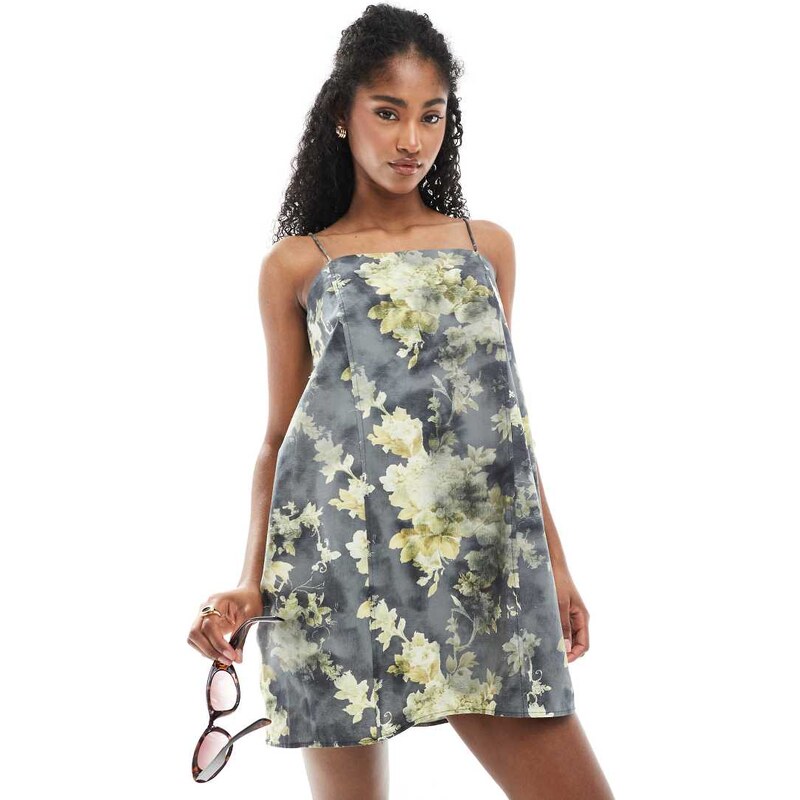 Monki cotton poplin mini dress with tie straps in yellow print