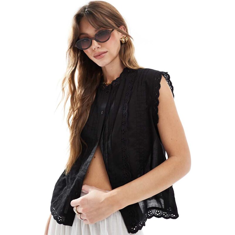 ASOS DESIGN sleeveless shirt with broderie trim detail in black