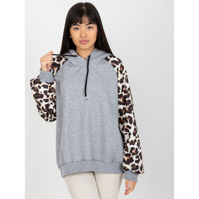BASIC Světle šedá mikina s leopardími rukávy --grey Šedá