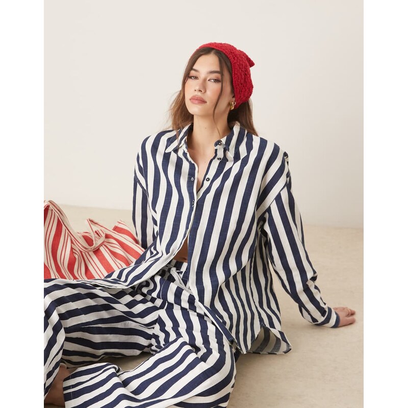 ASOS DESIGN oversized linen look shirt co-ord in navy stripe-Multi 105568723