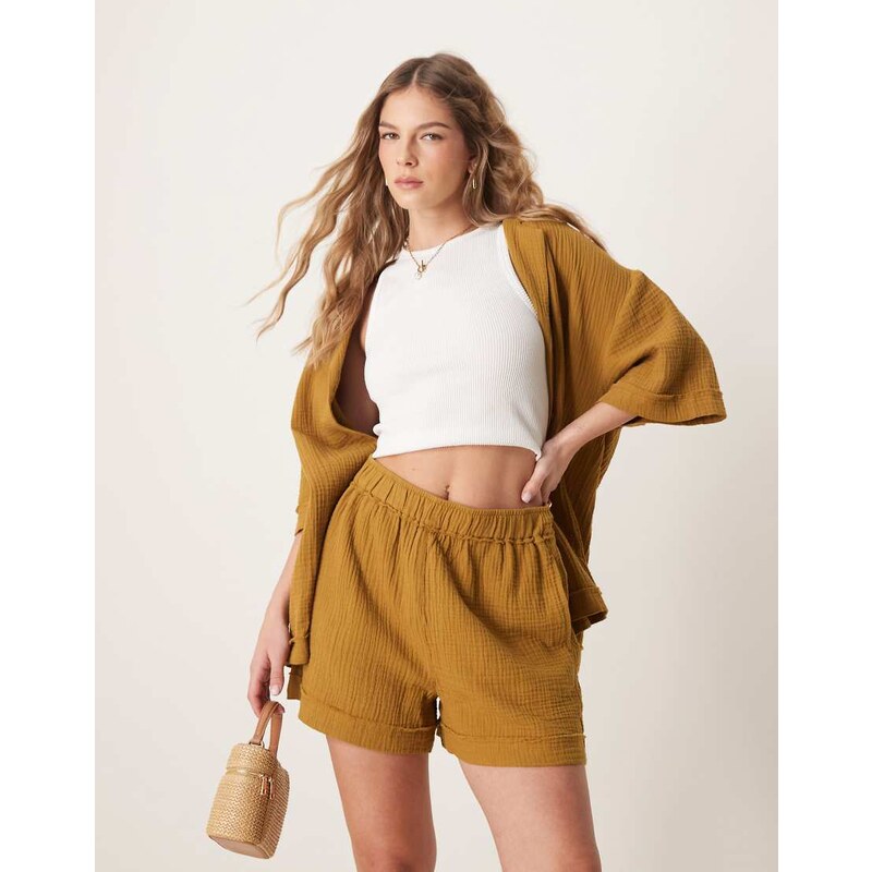 ASOS DESIGN cheesecloth pull on shorts with raw edge detail co-ord in 105568738