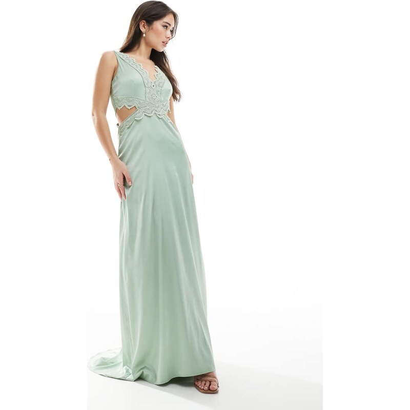 TFNC Bridesmaid satin maxi dress with scalloped lace detail in sage 115510913