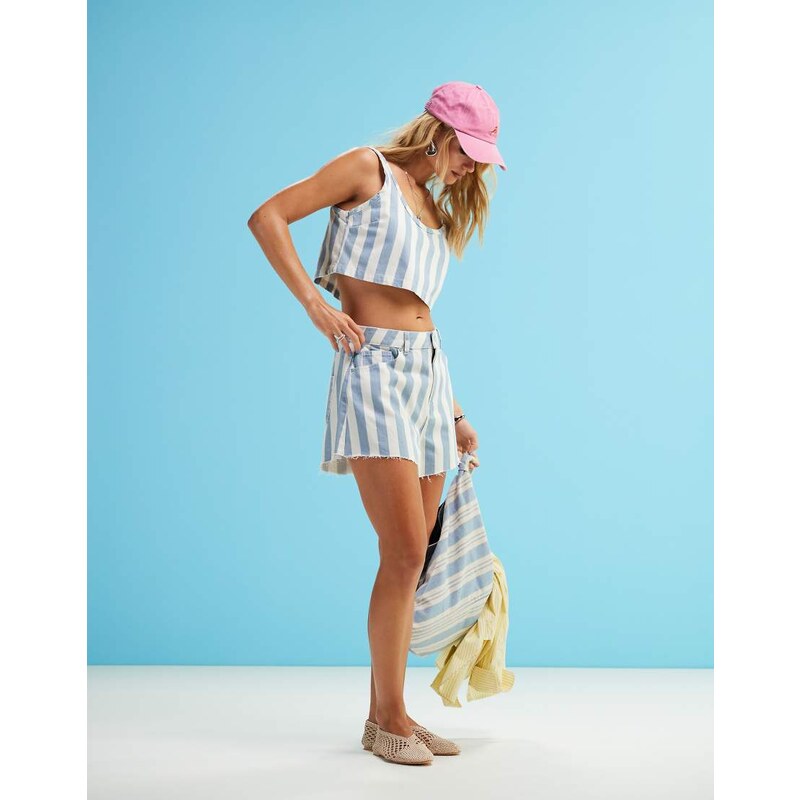 ASOS DESIGN denim A line short in blue and white deckchair stripe co 105568799