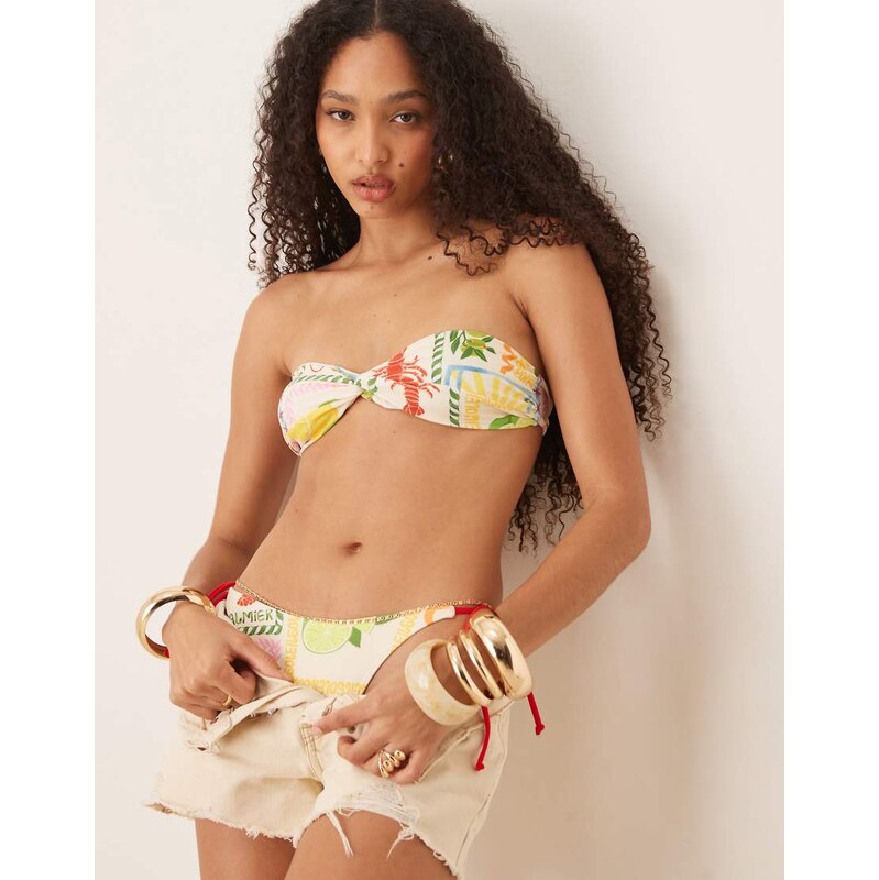 ASOS DESIGN Olive Mykonos bandeau bikini top in tile print-Multi 115511379