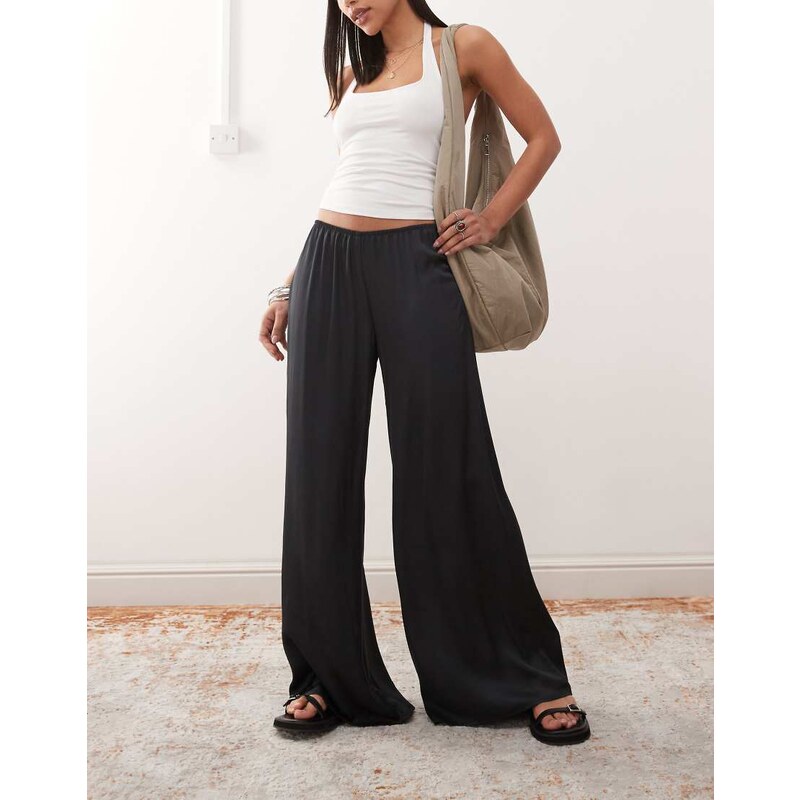 Weekday wide leg satin trousers in off black 105568883