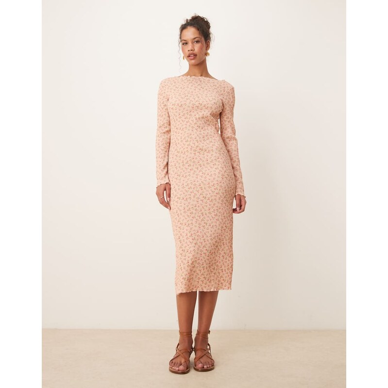 AWARE plisse midi dress in light pink floral print 105572481