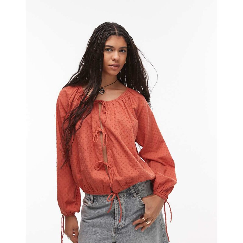 Topshop dobby ruched neck tie front top in rust-Blue 105572216