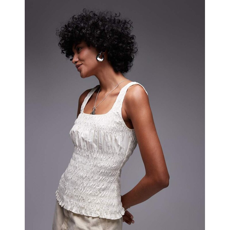 Topshop shirred poplin sleeveless top in ivory-White