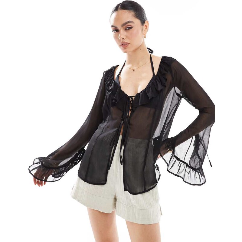 Miss Selfridge beach chiffon tie front cover up in black 105584461