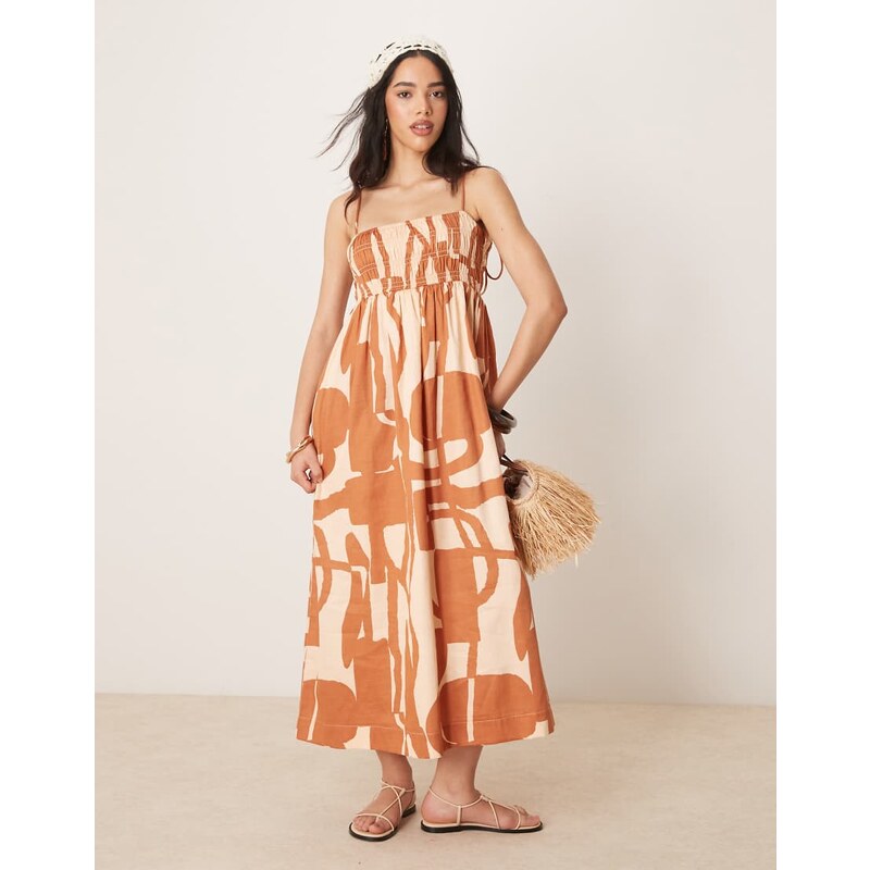 ASOS DESIGN shirred bust cotton sateen maxi dress in abstract print 115510609