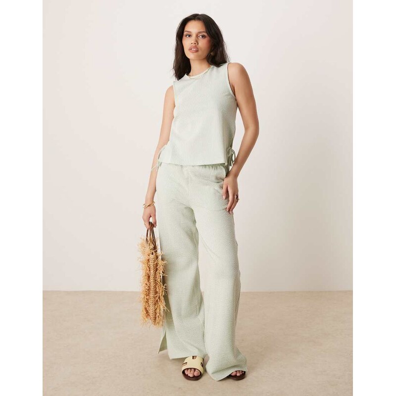 Vila textured stripe wide leg trouser co-ord in green and cream