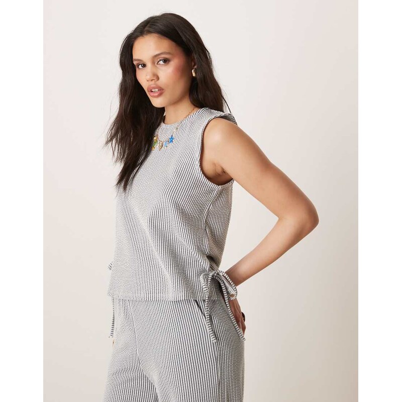 Vila textured stripe sleevless tie side top co-ord in black and