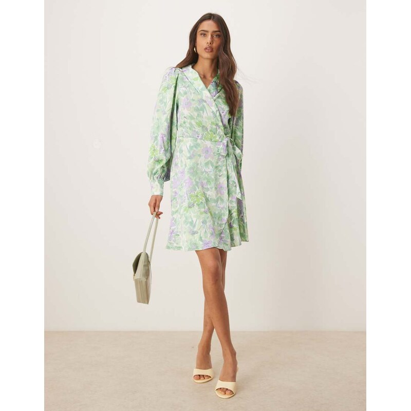 Vila satin wrap mini dress in summer green floral print 105572304