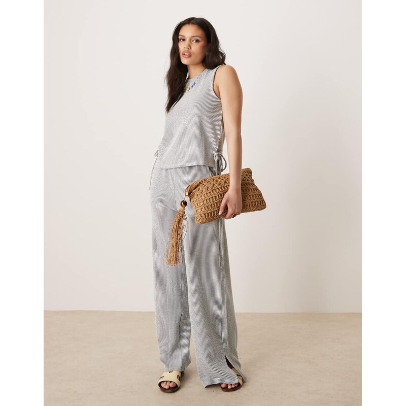 Vila textured stripe wide leg trouser co-ord in black and cream