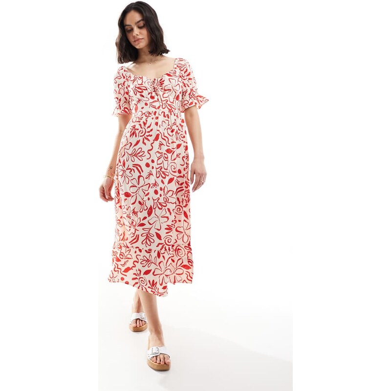 Wednesdays Girl ditsy print milkmaid puff sleeve midi dress in red and 105572316