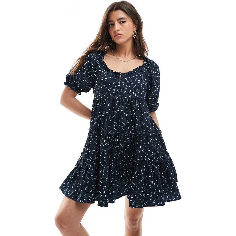 Daisy Street smock tiered mini dress in navy floral 105572342
