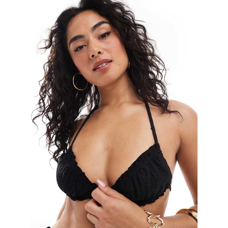 Daisy Street frill detail tie front bikini top in black broderie