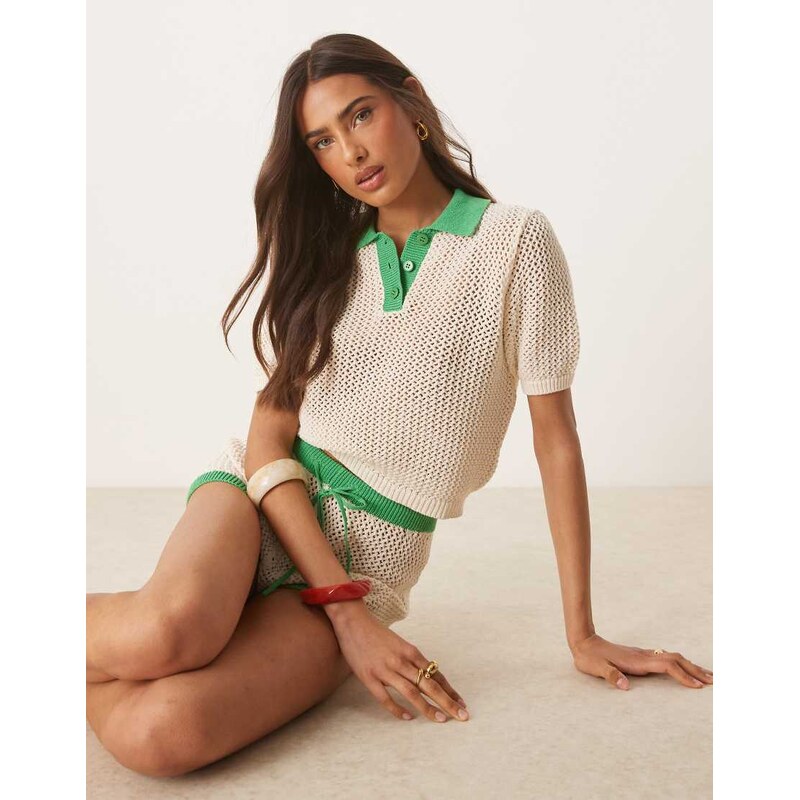 ASOS DESIGN knitted open stitch contrast trim polo top in cream-White 105572451