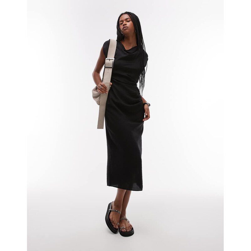 Mango cap sleeve midi dress with ruched side in black 105572459