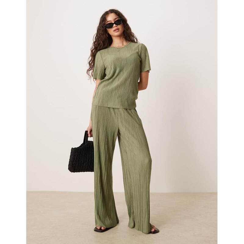 Vila wide leg plisse trouser co-ord in oil green