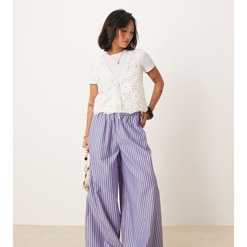 ASOS Petite ASOS DESIGN Petite shirred waist trousers in blue and red 115409007