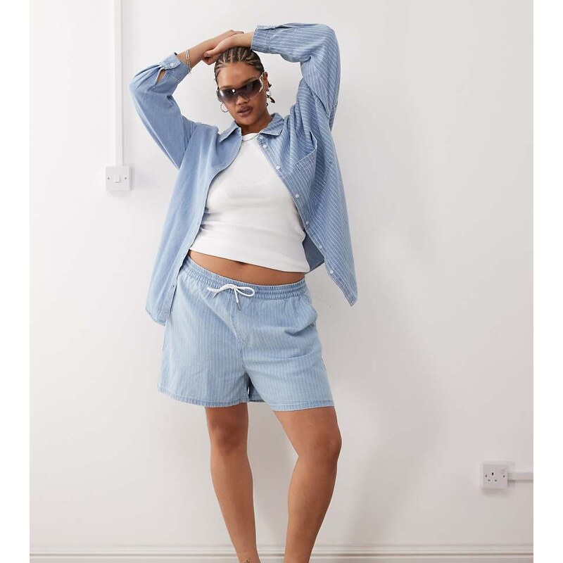 Noisy May Curve pull on denim short co-ord in light blue stripe 105572624