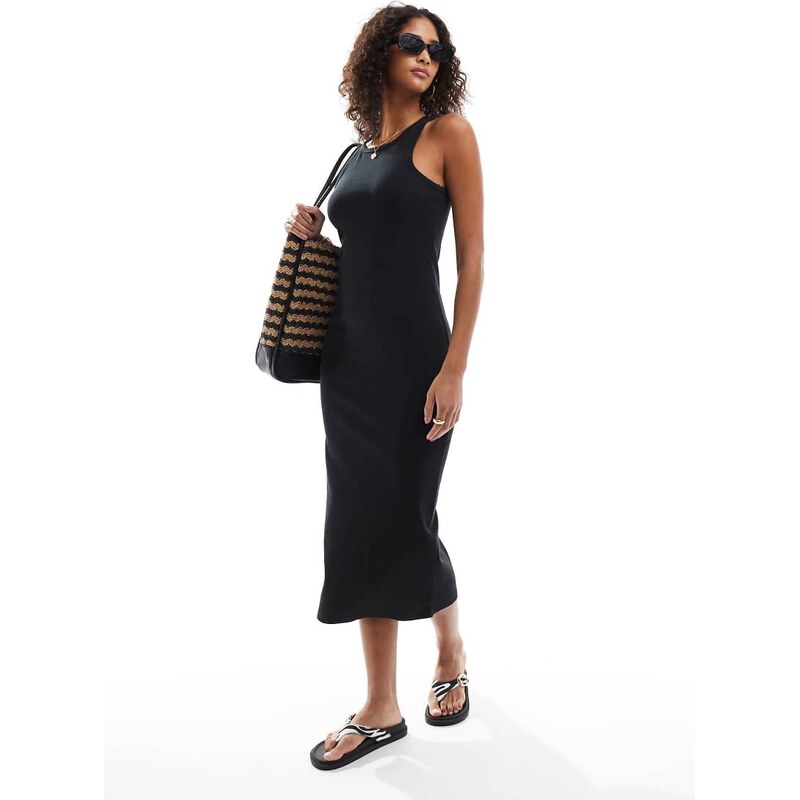 Pieces racer neck midi dress in black 105572644