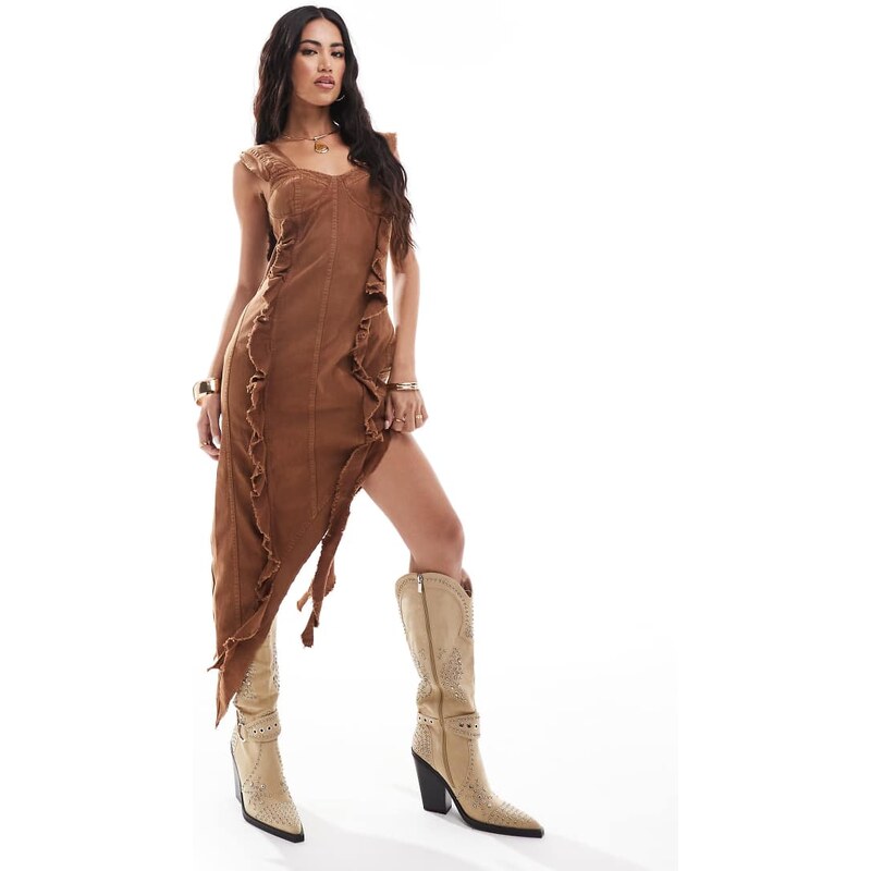 ASOS DESIGN washed twill midi dress with raw edge and asymmetric hem in chocolate-Multi