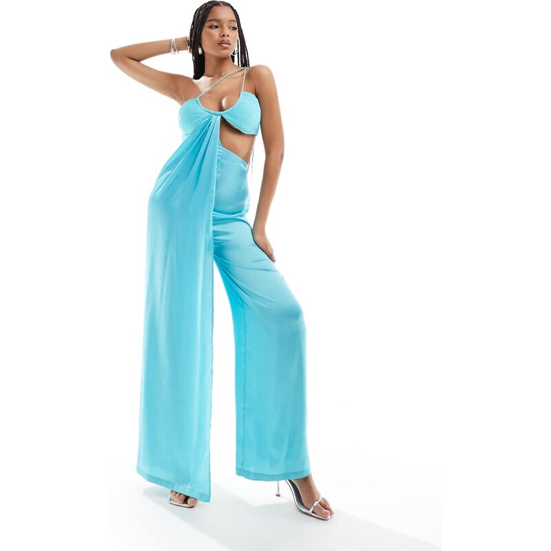 ASOS DESIGN satin chiffon mix cut out wide leg jumpsuit in