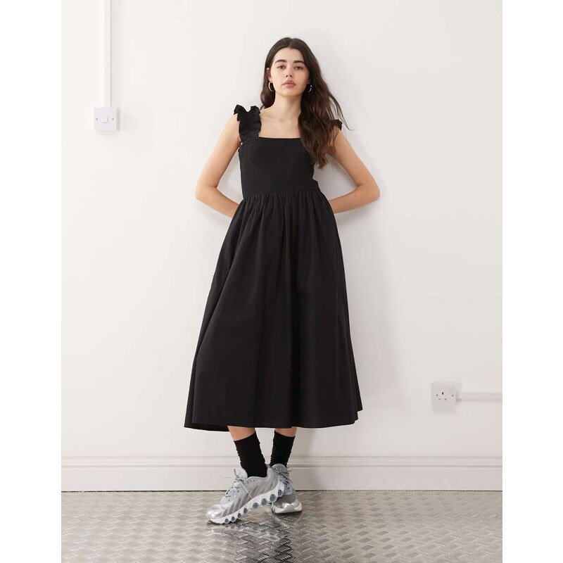 COLLUSION woven ruched strap midi dress in black 106004493