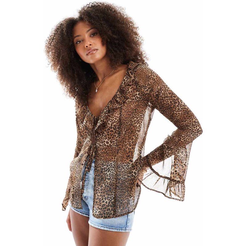 Miss Selfridge beach chiffon tie front cover up in leopard print-Multi 107697172
