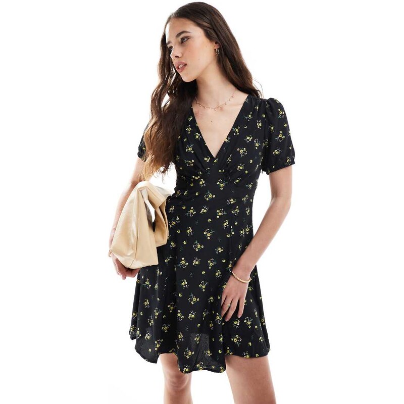 Brave Soul v-neck mini dress in black floral print 105682570
