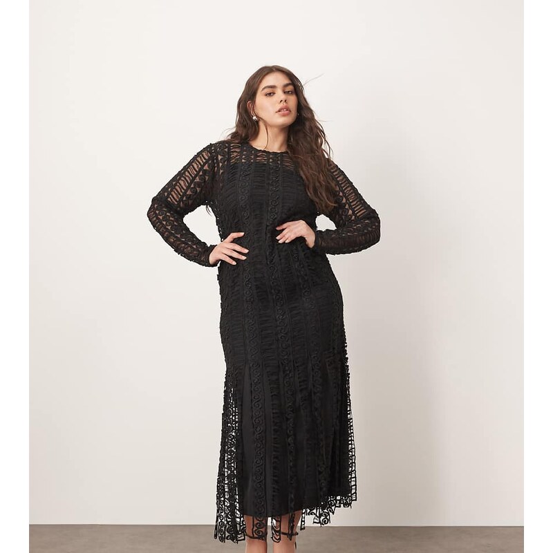 ARRANGE Curve embroidered lace long sleeve midi dress with