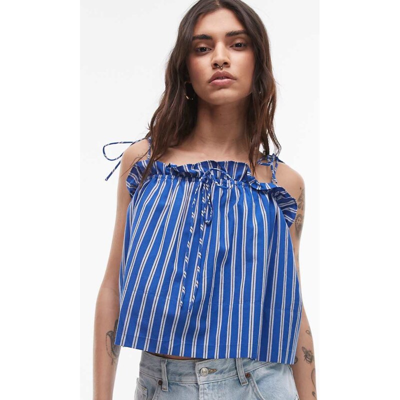 Topshop ruched cami top in blue stripe 105584456