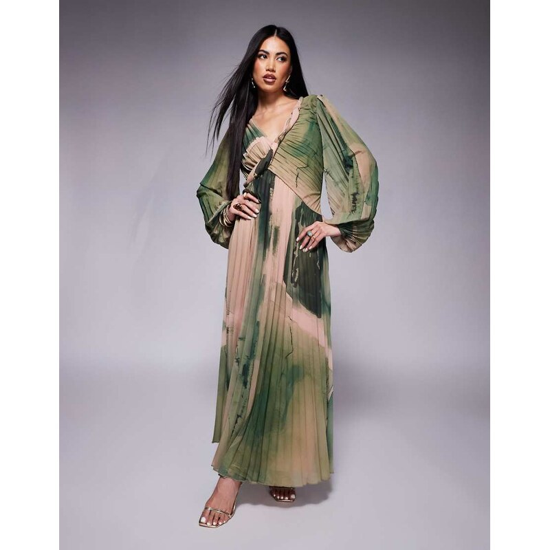 ASOS DESIGN twist detail wrap front pleated maxi dress in green