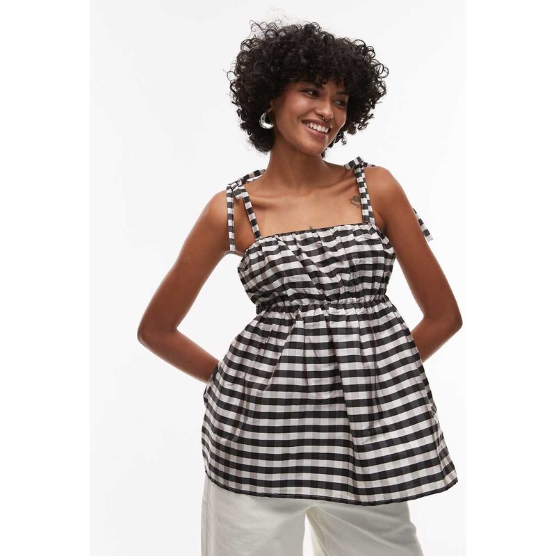 Topshop taffeta babydoll top in mono gingham-Multi 105597943