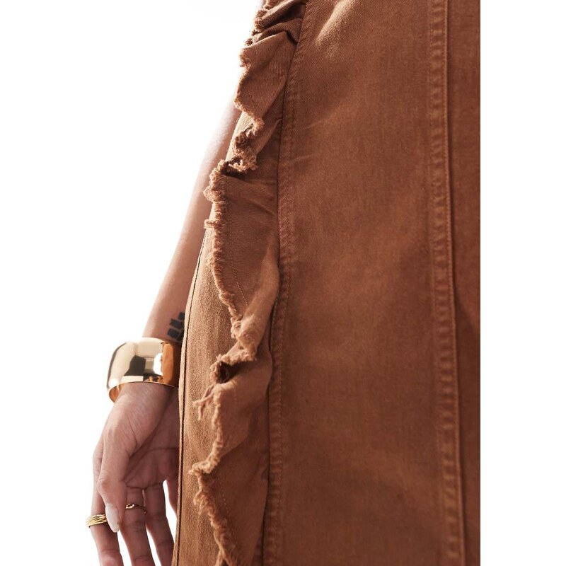 ASOS DESIGN washed twill midi dress with raw edge and asymmetric hem in chocolate-Multi