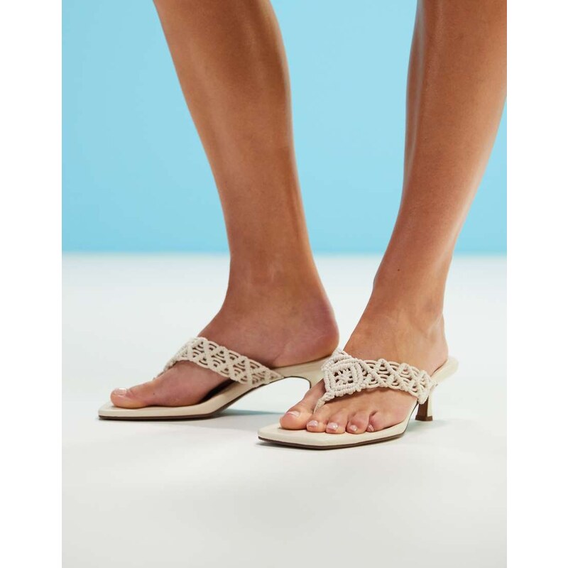ASOS DESIGN Hawaii weave toe thong kitten heeled sandals in off-white
