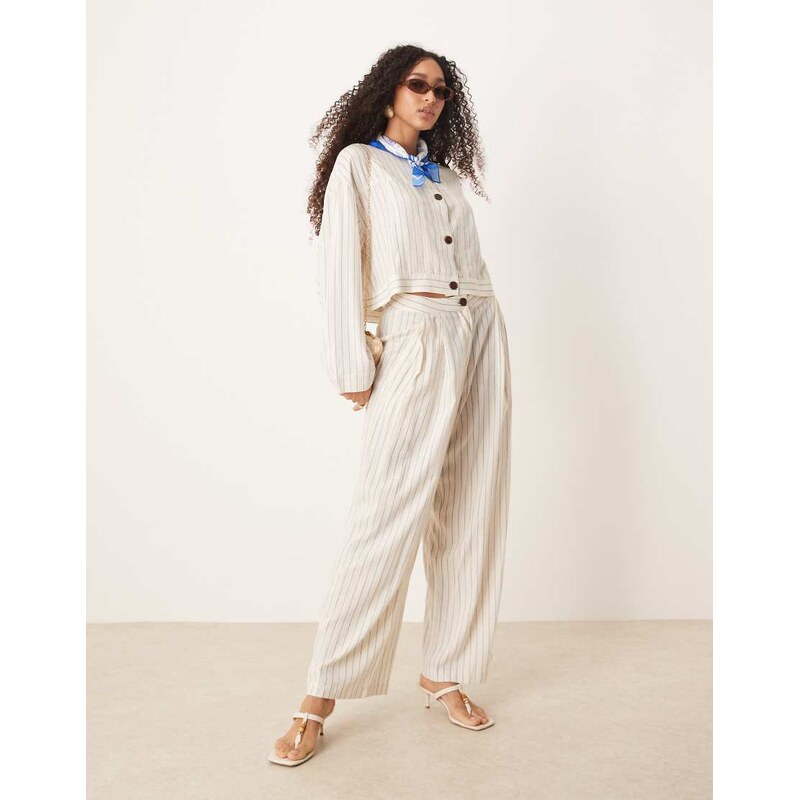 AWARE linen touch wide leg trouser co-ord in white pinstripe 105592033