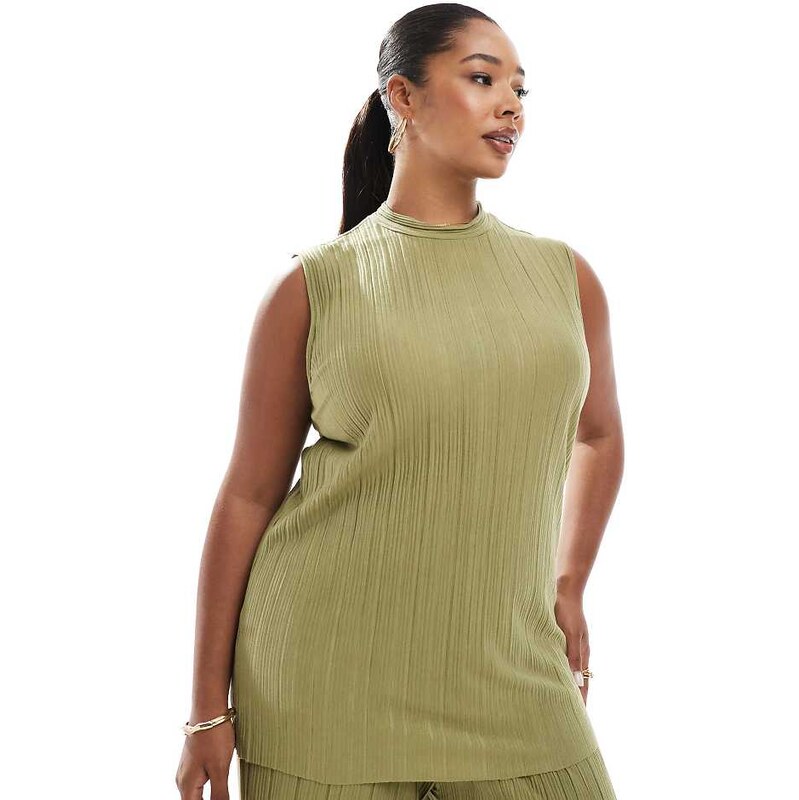 Vero Moda Curve plisse sleeveless top co-ord in khaki-Green 105597781