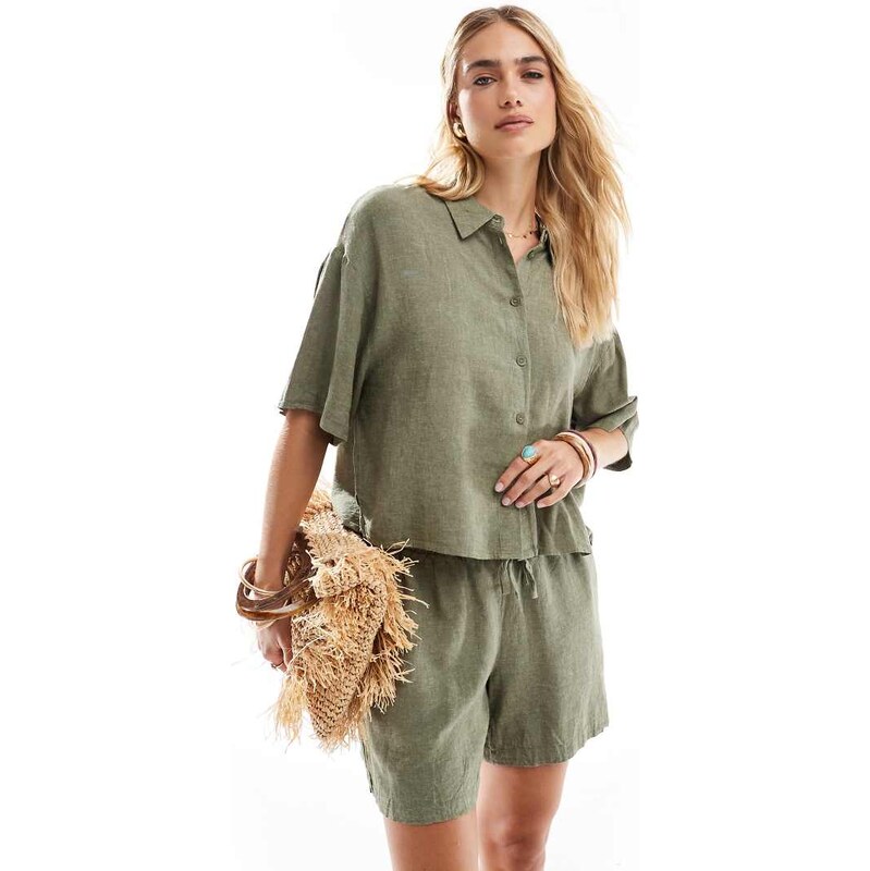 Vero Moda linen touch boxy cropped shirt co-ord in khaki-Green 114759839