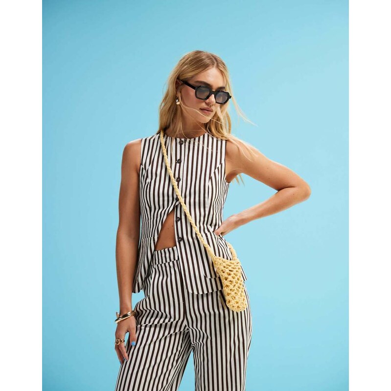 4th & Reckless tailored button through waistcoat top co-ord in brown 105592203