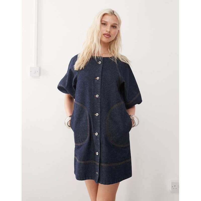 COLLUSION denim shirt dress with puff sleeves in rinse wash-Blue 105591953