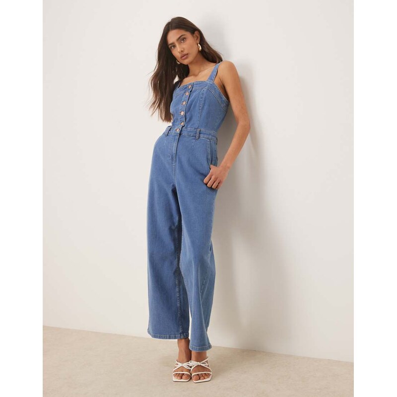 Nobodys Child Aster button strappy denim jumpsuit in mid wash-Blue 105592021