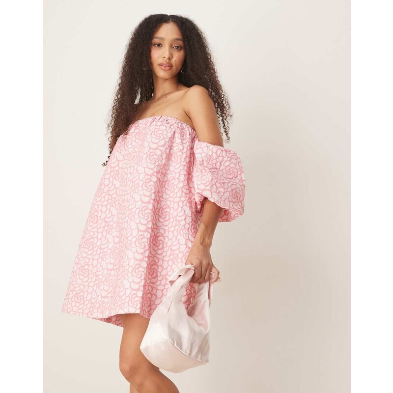 YAS textured rose jaquard off shoulder mini dress in pink 105592037