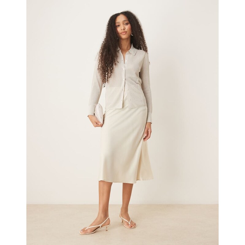 YAS satin midi skirt in birch cream-White